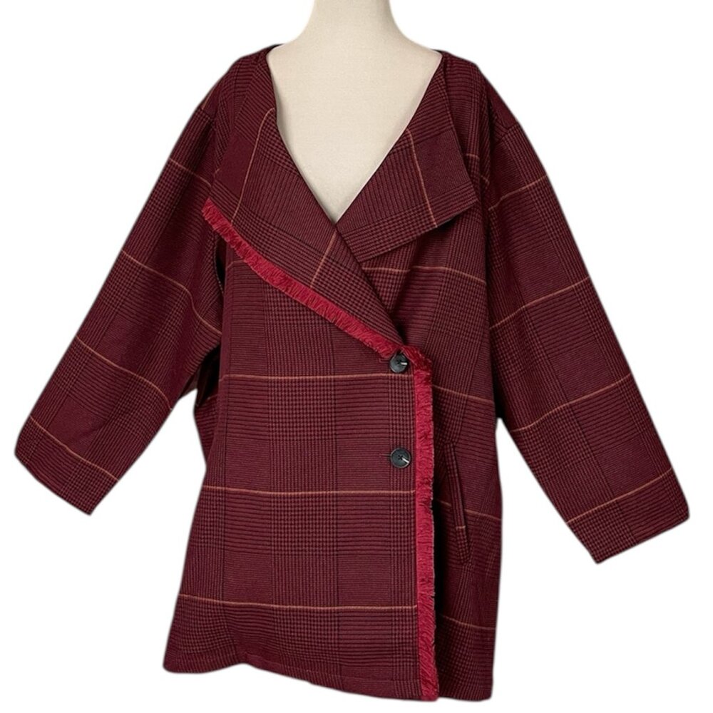 NWOT Laurie Felt Zoe Plaid Wrap Coat in Burgundy with Fringe Trim, Size 3x